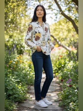 Philosophy Floral Tie-Neck Long Sleeve Blouse - Yellow & Brown Floral